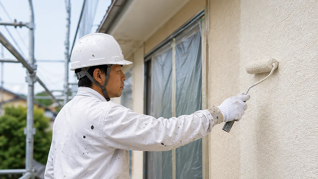 職人が住宅の外壁をローラーで塗装している様子