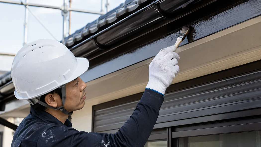 職人が住宅の付帯部を塗装している様子